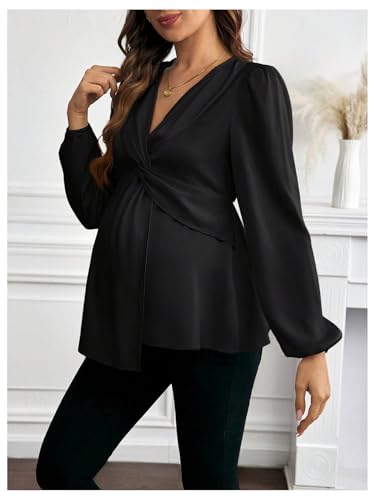 MakeMeChic Women's Maternity Shirts Blouse Satin Work Clothes Babydoll Tops - color: Black, size: X-Large