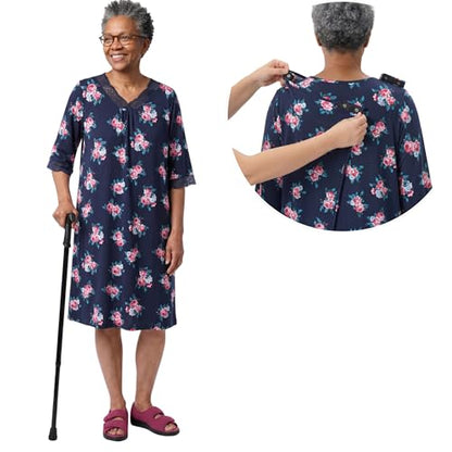 Silverts Women's Adaptive Open Back V-Neck Nightgown, Assisted Dressing - color: Dark Bloom, size: Large