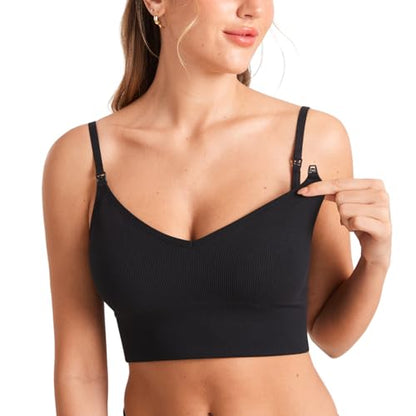 MOMANDA Ribbed Longline Nursing Bras - color: Black, size: Medium