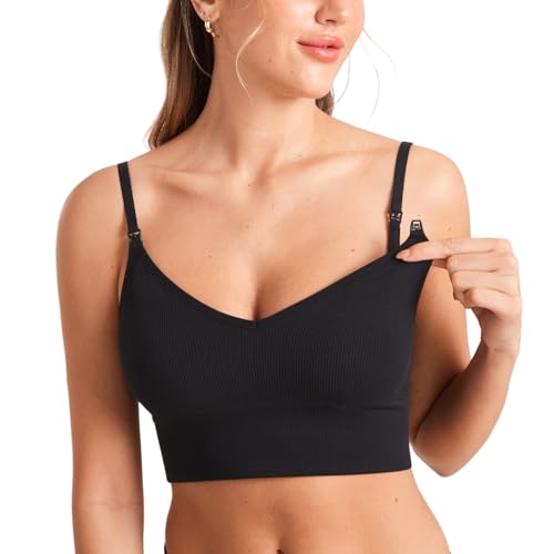 MOMANDA Ribbed Longline Nursing Bras - color: Black, size: Medium