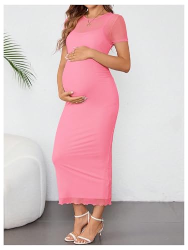 OYOANGLE Women's Maternity Sheer Short Sleeve Bodycon Dresses - color: Pink, size: Large