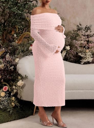 BLENCOT Womens Off Shoulder Flare Sleeve Split Bodycon Maternity Dress - color: Pink, size: Medium