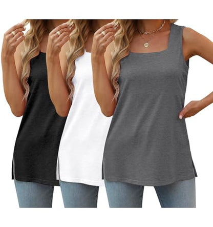 3 Pack Women Plus Size Tank Tops Basic Square Neck Sleeveless Tees - color: Black White Darkgrey, size: Large Plus