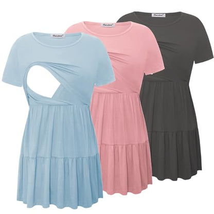 Bearsland Short Sleeve Nursing Top - color: Iron Gray‌ & Pastel Pink & Light Blue, size: Medium