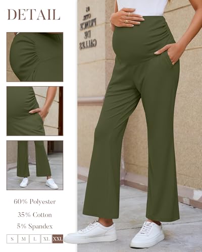 3 Pack Women's Maternity Pants Comfy Flare Trousers - color: Black, Coffee, Army Green, size: Medium
