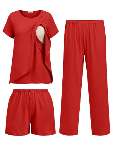Ekouaer 3 PCS Maternity Nursing Pajamas Set Postpartum Breastfeeding PJS - color: Classic Red, size: Medium