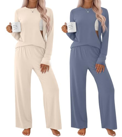 2 Pack Maternity Nursing Pajamas Set - color: Beige, Gray Blue, size: Large