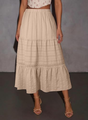 BLENCOT Women's Boho Tiered High Waisted Cotton Long Flowy Skirt - color: Apricot, size: Medium