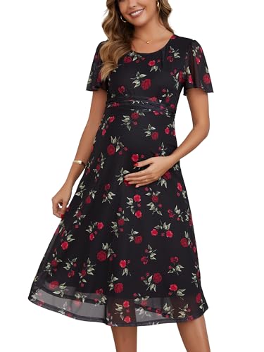 Maternity Wedding Guest Dress Floral Mesh Dress - color: Black, size: Medium
