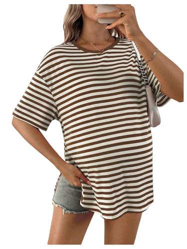 OYOANGLE Women's Striped Short Sleeve Maternity T Shirts Crewneck Split Hem Casual Tee Tops - size: Medium