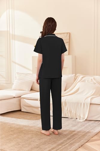 Ekouaer Women's Cotton Pajamas Set Short Sleeve Button Down Pjs with Pants - color: Black, size: X-Large