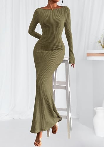 PRETTYGARDEN Women's Fall Long Sleeve Bodycon Maxi Dresses - color: Army Green, size: Small