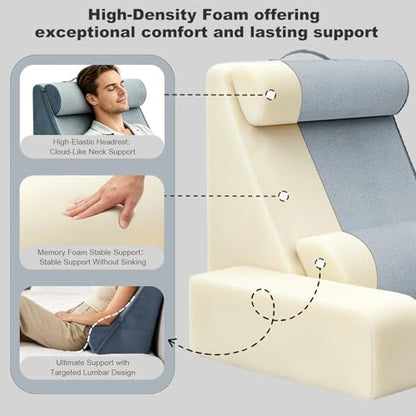 COZEER Reading Pillow, Back Pillow for Bed with Adjustable Headrest & Independent Lumbar Support, Detachable Armrest Sit Up Pillow for Bed, Dual Side Storage Pockets for Reading