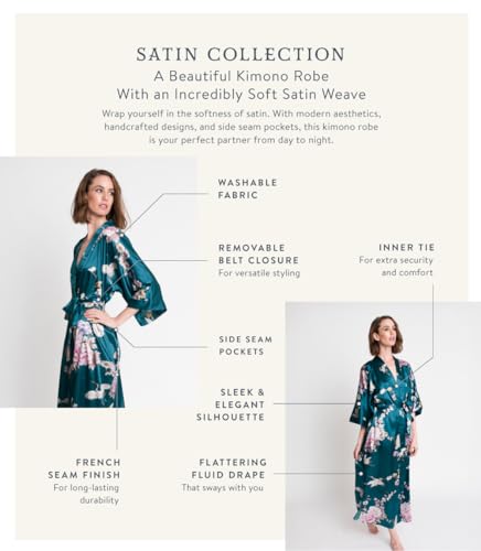 KIM+ONO Satin Short Kimono Robe for Women - color: Chrysanthemum & Crane - Willow