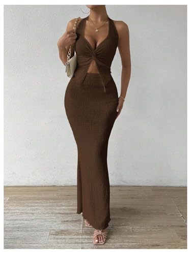 SOLY HUX Women's 2 Piece Outfit Twist Front Halter Cami Skirt Summer Set - color: Plain Brown, size: X-Large