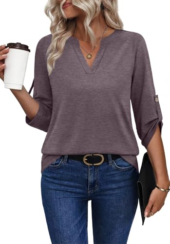 XIEERDUO 3/4 Length Sleeve Womens Tops V Neck T Shirts Both Side Buttons Blouses Business Casual Outfits Loose Fit - color: Grey Purple, size: Small