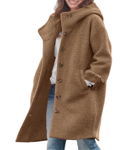 chouyatou Women's Winter Single Breasted Long Wool Coat with Hood Casual Wool Blend Trench Coat Jacket - color: Brown, size: X-Large