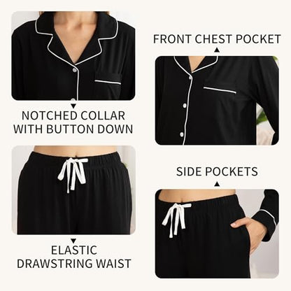 LYCY Cotton Pajamas for Women Set Long Sleeve Lounge Button Up with Pockets - color: Black, size: Medium