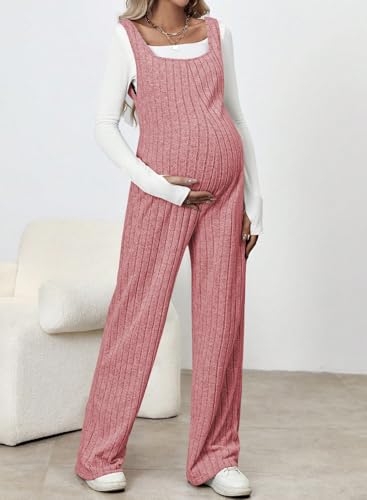 BLENCOT Maternity Jumpsuit Sleeveless Square Neck Wide Leg Pants Romper - color: Dusty Pink, size: Small
