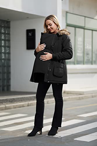 Maacie Maternity Winter Coat Baby Wearing Jacket 3 In 1 Outerwear - color: Black, size: Large