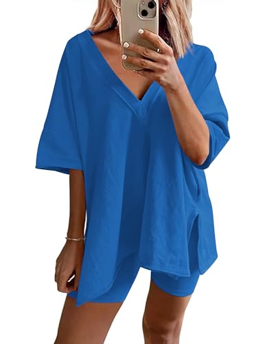 Ekouaer Womens 2 Piece Lounge Set Oversized V Neck Top Biker Short Pajamas - color: Blue, size: Medium