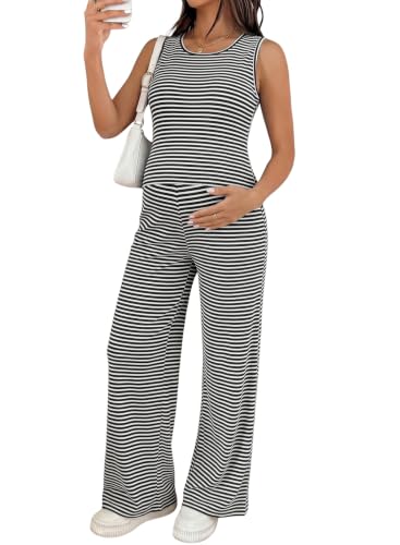 BLENCOT Maternity Clothes Striped Sleeveless Sets Casual 2 Piece Outfits - color: Black Stripe, size: Medium