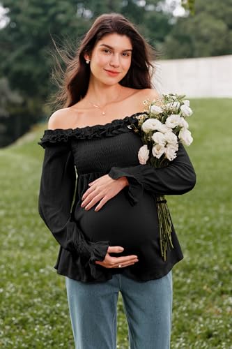 OUGES Womens Cotton Blend Off The Shoulder Maternity Tops Smocked Ruffle Sleeve Blouse Going Out Pregnancy Shirts 2025 - color: Black, size: X-Large