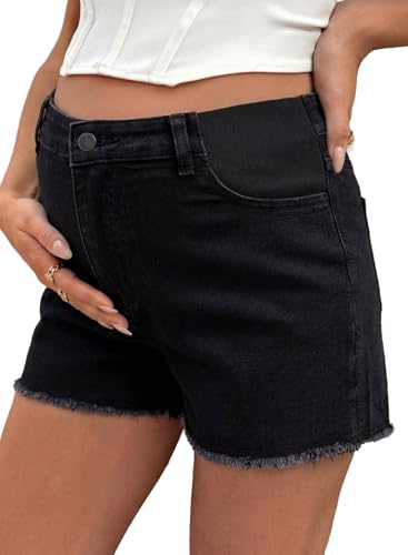 BLENCOT Maternity Jeans Shorts Frayed Hem Pregnancy Shorts Summer Clothes - color: Black, size: Small