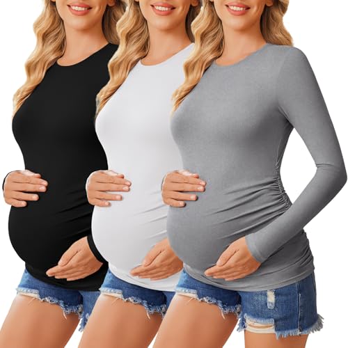 Ekouaer Women's Maternity Crew Neck Long Sleeve Tee 3 Pack - color: 3pcs Black / Grey / White, size: Medium