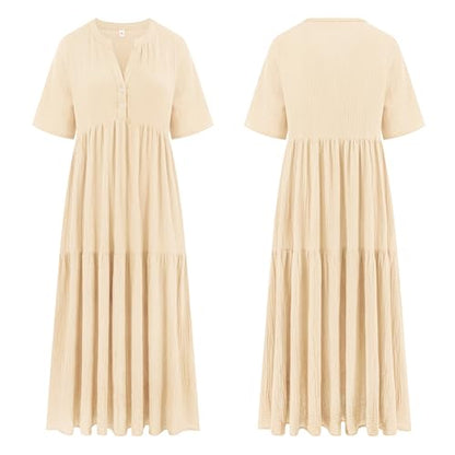 R.Vivimos Womens Summer Cotton Casual Flowy Maxi Dress - color: Beige, size: Small