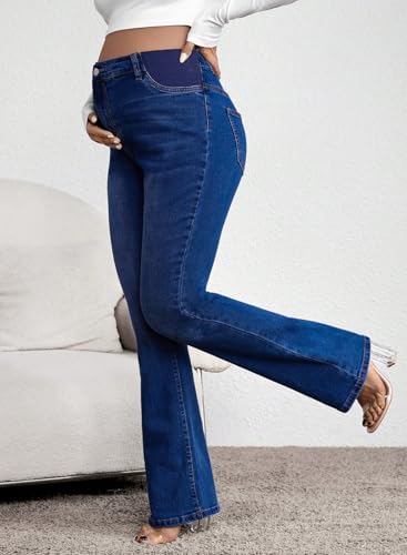 BLENCOT Women Maternity Jeans Bootcut High Rise Denim Pregnancy Pants Work - color: Navy Blue, size: Medium