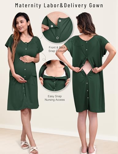 SUNNYBUY 2 PCS Maternity Labor & Delivery Gown with Matching Nursing Dress - color: Dark Green, size: Medium