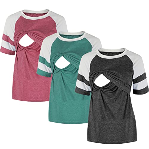 Women's Maternity Nursing Top Breastfeeding Tank Tee Shirt - color: 2-black/Green/Pink(3 Pack), size: Medium