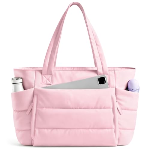 Uselike Tote Bag for Women with Zipper, Quilted Puffer Tote Bag with Compartments, Lightweight Puffy Work Bags for Women - color: Light Pink