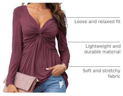 Tankaneo Women V-Neck Front Knotted Tshirt Long Sleeve Oversized Tunic Top - color: B22-fuchsia, size: Medium