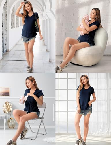 SUNNYBUY 3 Pack Maternity Nursing Tops for Postpartum Breastfeeding Shirts - color: Peach Pink+camel+deep Navy, size: X-Large