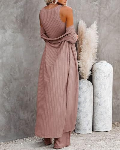 Fessceruna Womens 3 Piece Lounge Pajamas Sets Cute Vacation Matching Set - color: A-dusty Pink, size: X-Small