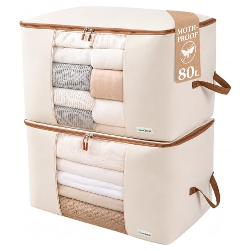 Chaos Cleared Canvas Storage Bags Designer Organizer for Comforters 2 Pack – Seasonal Storage for Pillows, Blankets, Linens & Garments – Foldable Design with Zip & Window, Moth-Proof Space Saver - size: Comforter Bag 2 Pack