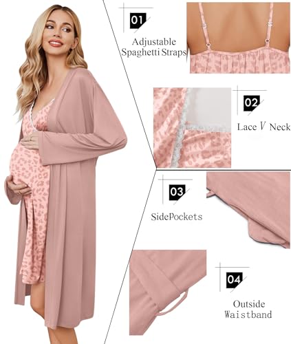 Ekouaer Nursing Nightgown and Maternity Robe Set Labor and Delivery Gown - color: Leopard Pink, size: X-Large