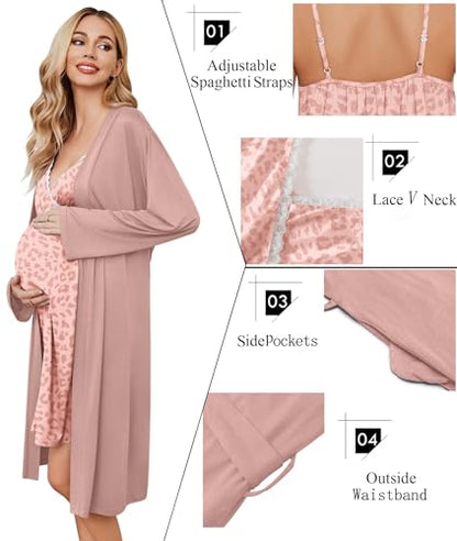 Ekouaer Nursing Nightgown and Maternity Robe Set Labor and Delivery Gown - color: Leopard Pink, size: Large