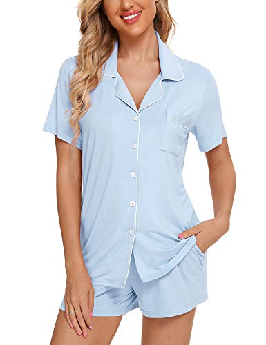Senert Womens Pajamas Set Short Sleeve Sleepwear - color: A. Blue, size: Medium