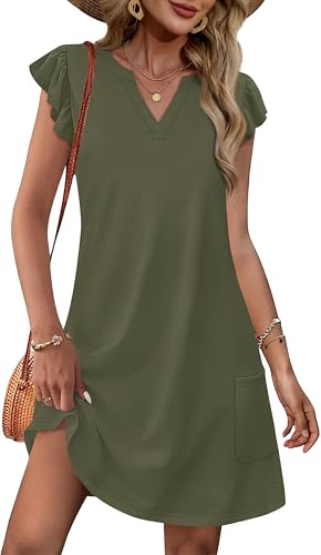 OFEEFAN Spring Summer Dresses for Women 2026 Casual Ruffle Sleeve V Neck Loose Swing Sundresses with Pockets Plain/Print - color: Plain Green, size: Small