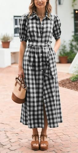 CHARTOU Women Summer Plaid Puff Short Sleeve Dress Button Down Long Shirt Dress with Belt - color: Black, size: Medium