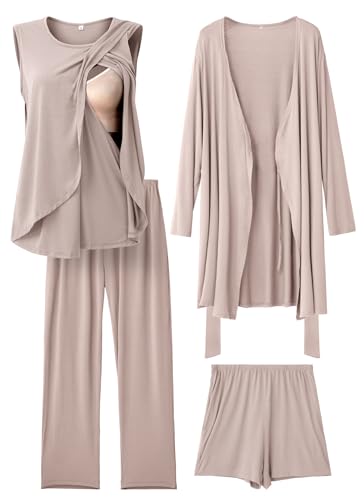 Rnxrbb 4 PCS All-Season Nursing Pajamas Robe Set Maternity Postpartum Pjs - color: Beige, size: Medium