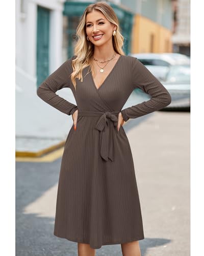 Newshows Women's Sweater Pockets Belted Fall Teacher Business Casual Dress - color: Coffee Brown, size: Medium