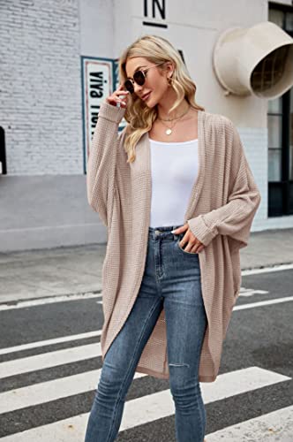 Womens Open Front Knit Cardigan Long Batwing Sleeve Oversized Sweater Chunky Waffle Cable Boho Pockets Coat - color: Beige, size: Small