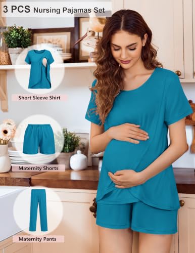 Ekouaer 3 PCS Maternity Nursing Pajamas Set Postpartum Breastfeeding PJS - color: Peacock Blue, size: Medium