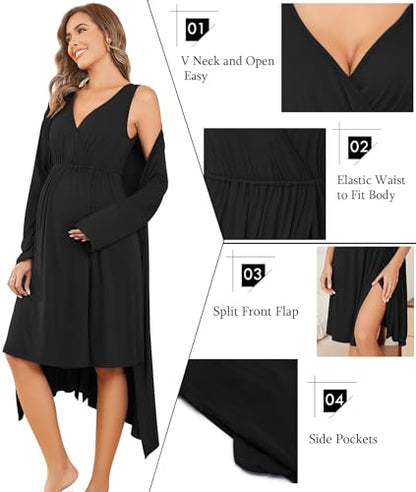 Ekouaer Maternity Nursing Gown and Robe Set Labor Delivery Nightgowns - color: Black, size: Large