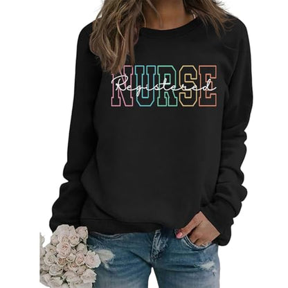 Registered Nurse Sweatshirt Women RN Nurse Long Sleeve Graphic Shirts - color: Black, size: Large