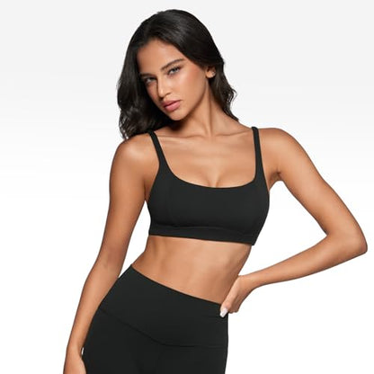 INGIA Women's Square Scoop Neck Sports Bra Thin Strap Padded Yoga Bra - color: Black, size: X-Small